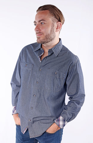 LANGDON | 100% Cotton Indigo Stripe Long Sleeve Shirt