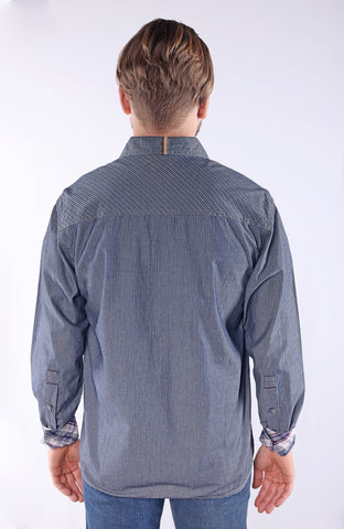 LANGDON | 100% Cotton Indigo Stripe Long Sleeve Shirt